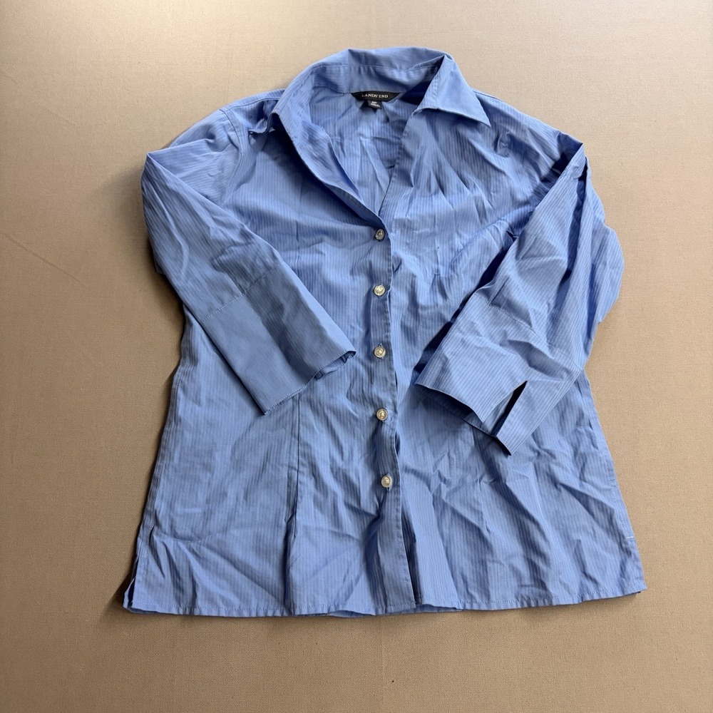 Lands’ End Women’s 0P Blue 3/4 Sleeve Button Front Dress Shirt Cotton Blend